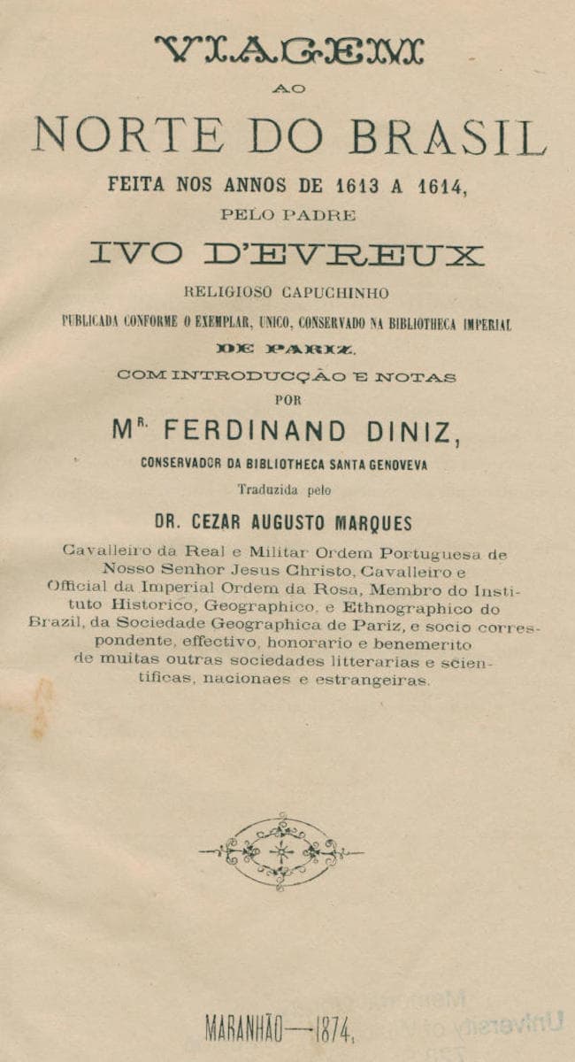 Capa de Viagem ao norte do Brazil feita nos annos 1613 a 1614, pelo Padre Ivo D'Evreux