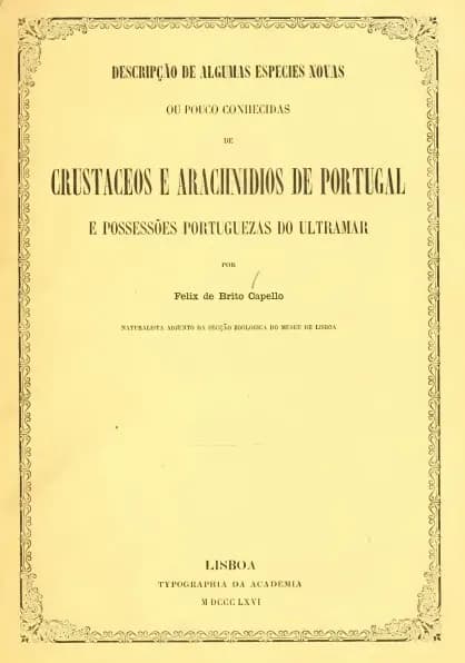 Capa de Descripção de algumas especies novas ou pouco conhecidas de crustaceos: e arachnidios de Portugal e possessões portuguezas do ultramar
